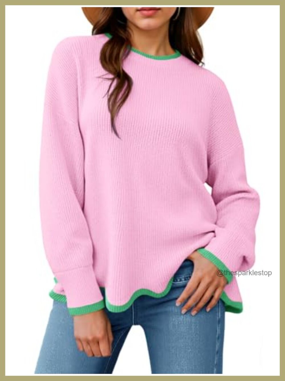 Womens Contrast Color Crewneck Pullover Sweater Wave Hem Knit Top
